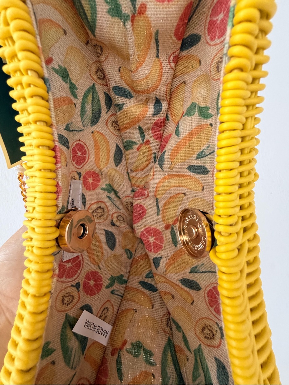 Haute Hippie Yellow Woven Banana-Shaped Crossbody with Fruit-Print Lining - Picture 2 of 2